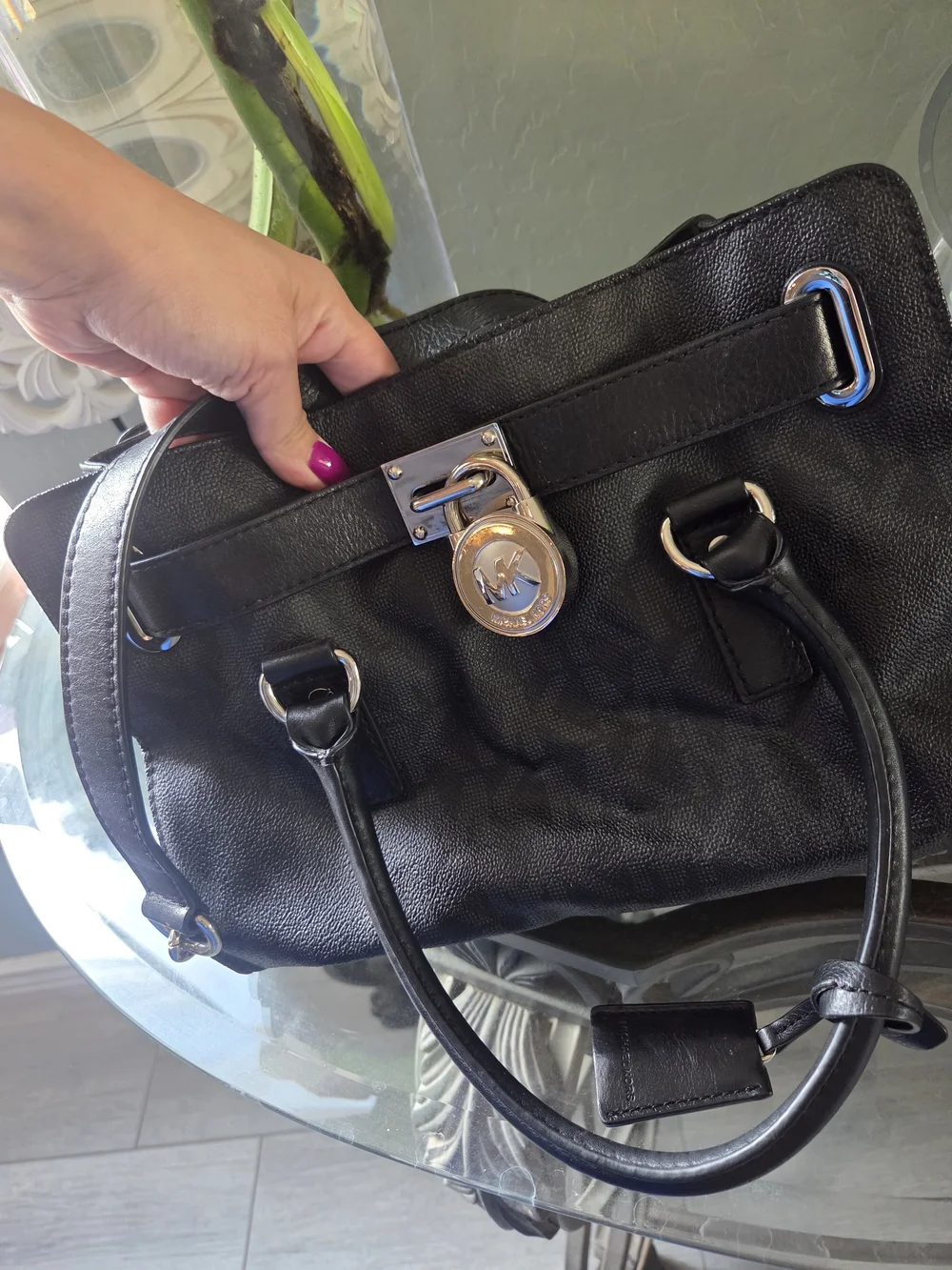 Michael Kors Black Leather Logo Lock Satchel
